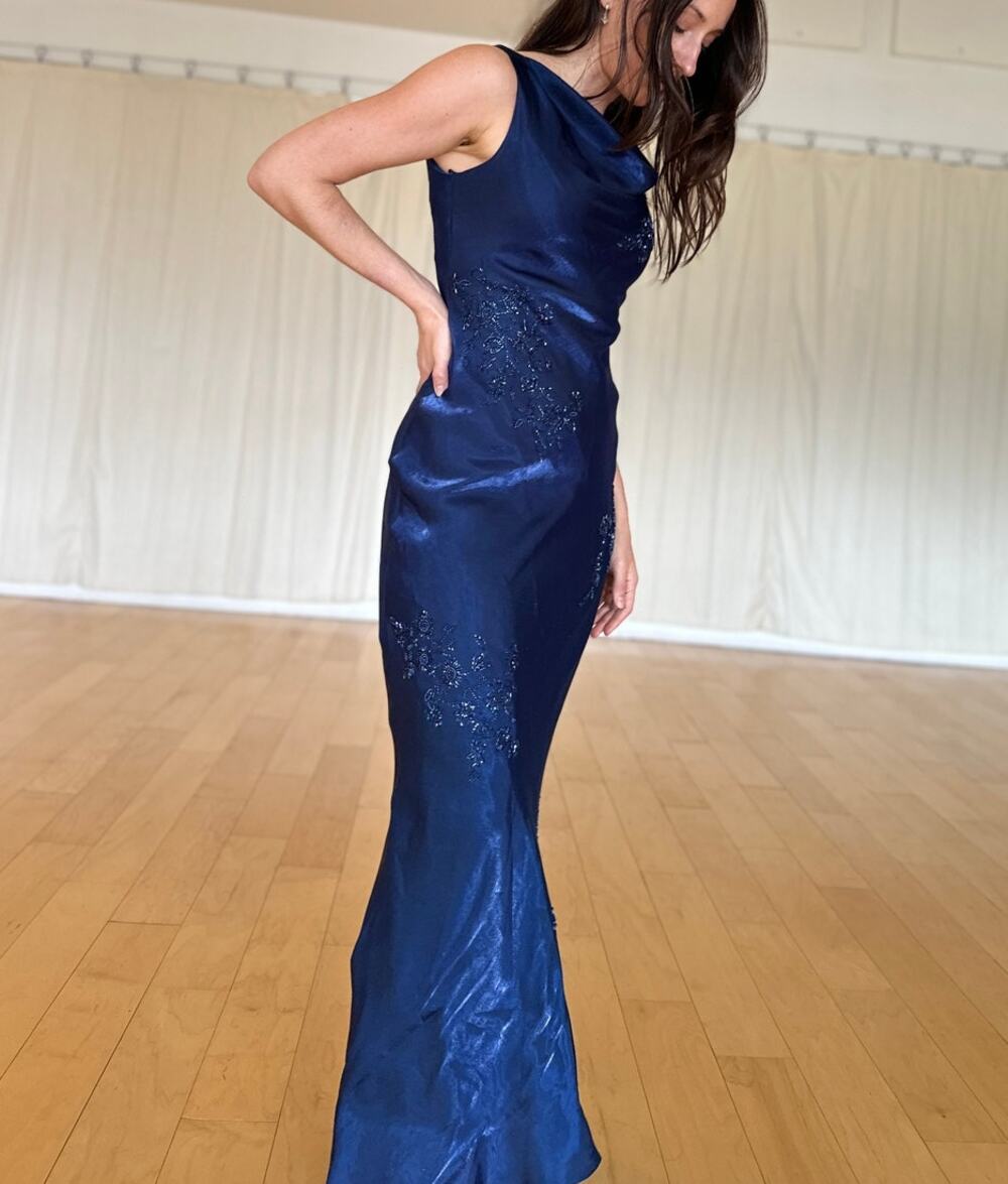 Night Way Collections Women's 4 Dress Navy Metallic Beaded Floral Y2k Gown